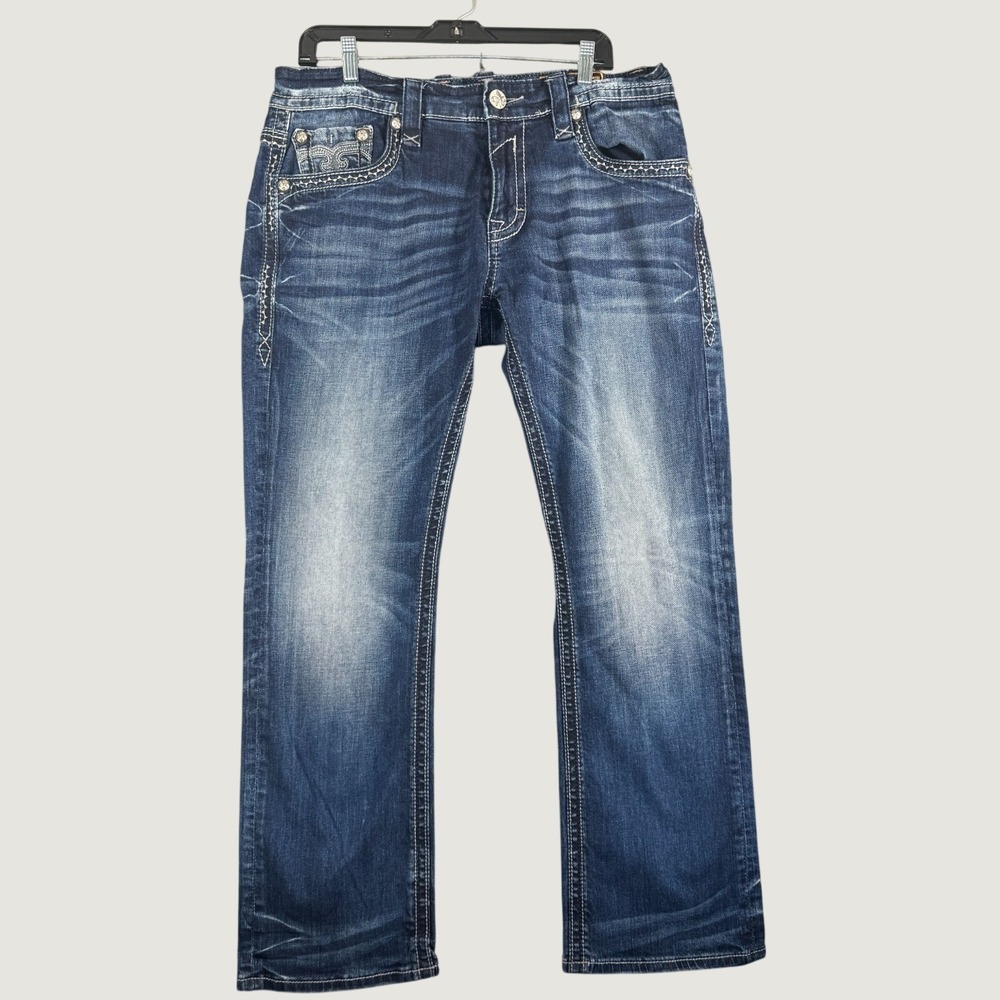 Rock Revival Matthew Straight Jeans Men's 36 Dark Wash Embroidered Pockets